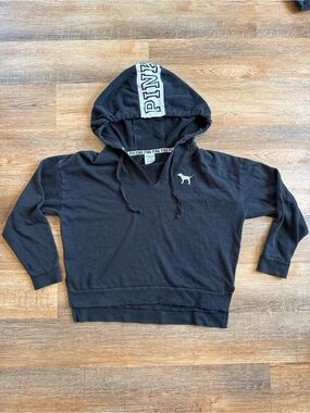 PINK Victoria's Secret Black Hooded Sweatshirt with White Logo Size S